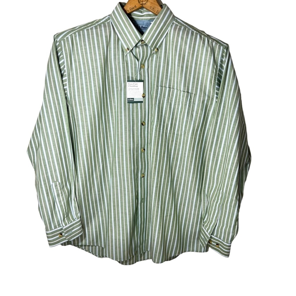 L L Bean Green White Stripe Easy Care Chambray Button Up Long Sleeve Shi…